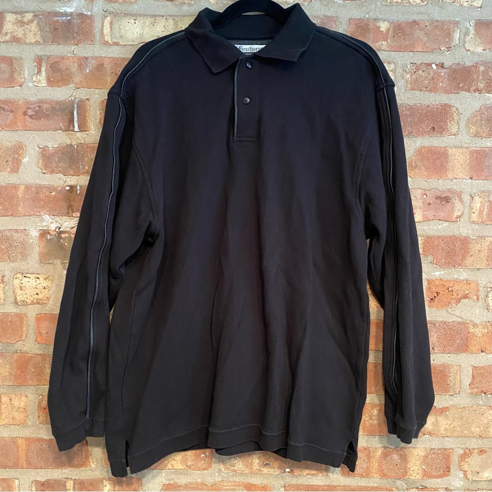 Men’s leather trimmed long sleeved cotton polo black size large 90s